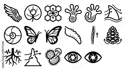 Vector icon set for biomimetic engineering, nature-inspired design, and advanced material science platforms. Bold rounded outline style for R&D dashboards, sustainable engineering software