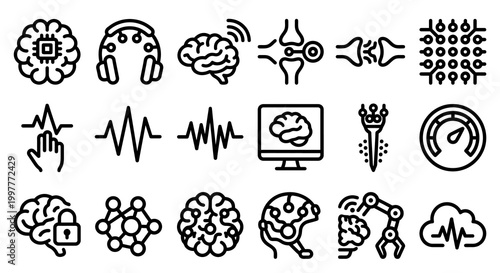Vector icon set for brain-computer interfaces (BCI), neurotechnology, and cognitive computing platforms. Bold rounded outline style for neural-tech dashboards, medical research software