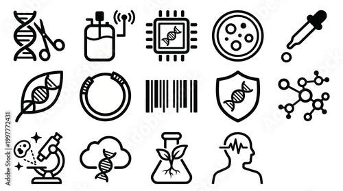 Vector icon set for synthetic biology, CRISPR gene editing, and advanced biotechnology platforms. Bold rounded outline style for bioinformatics dashboards, genetic engineering software, and laboratory