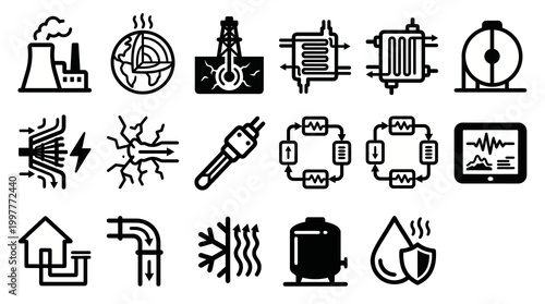 Vector icon set for advanced geothermal energy, engineered geothermal systems (EGS), and deep-earth thermal technology platforms. Bold rounded outline style for renewable energy dashboards, geological