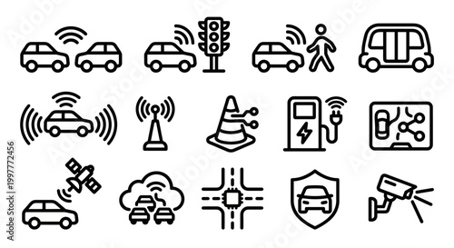 Vector icon set for V2X (Vehicle-to-Everything) connectivity, smart mobility, and autonomous vehicle infrastructure. Bold rounded outline style for telematics dashboards, intelligent transport 