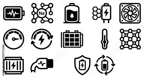 Vector icon set for solid-state batteries, sodium-ion technology, and advanced energy storage platforms. Bold rounded outline style for EV engineering dashboards, renewable energy storage software