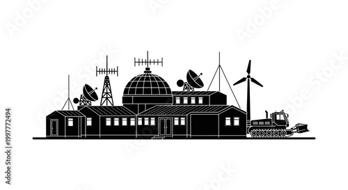 Industrial complex with satellite dishes and wind turbine.