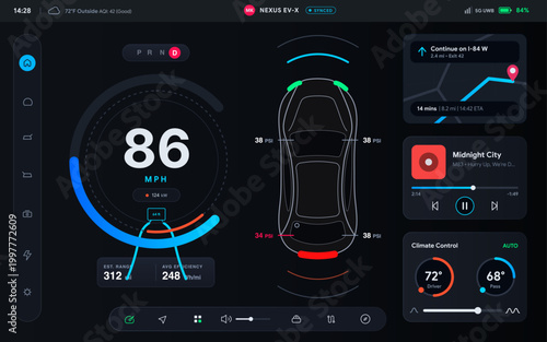 Modern smart car dashboard UI illustration with digital speedometer, navigation map, music player and climate control interface. Futuristic automotive display design ideal for electric vehicles.