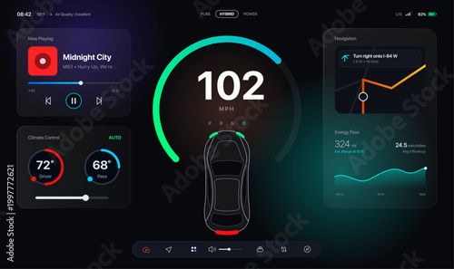 Modern smart car dashboard UI illustration with digital speedometer, navigation map, music player and climate control interface. Futuristic automotive display design ideal for electric vehicles.