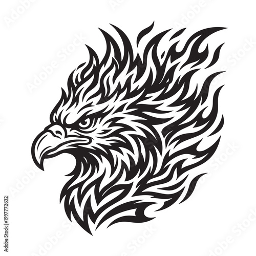 Tribal style eagle head emblem with fire flames.