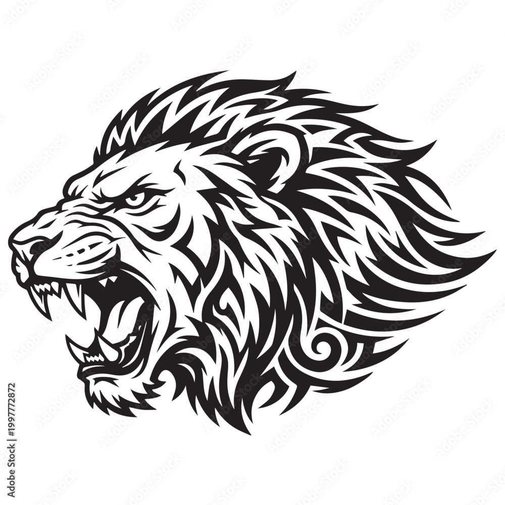 Fototapeta premium Aggressive roaring lion head illustration in black and white tribal style.