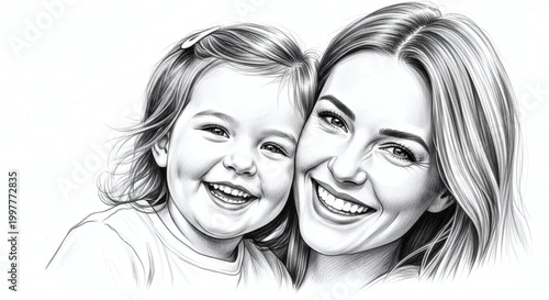 Smiling Mother and Daughter Portrait Sketch