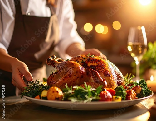 Delicious roasted whole turkey with golden crispy skin served on a festive platter garnished with fresh herbs and vegetables for holiday celebration