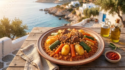 Traditional Tunisian couscous with meat and vegetables on Mediterranean terrace