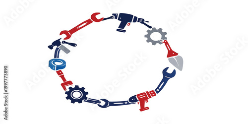 Labor Day USA Circular Tools Frame Vector with Red Blue Equipment Icons, Construction Gear Ring Design, Patriotic Industrial Background