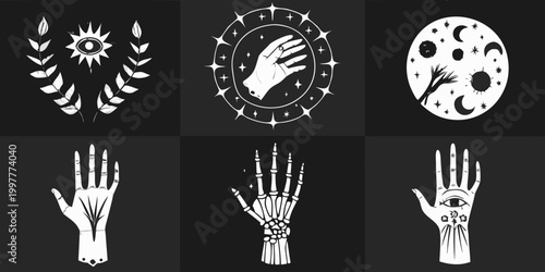 Hand illustrations with celestial symbols moon and stars white on black