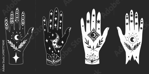 Hand illustrations with celestial symbols white on black background