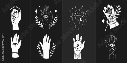 Hand illustrations with celestial and botanical symbols black and white