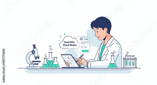 Illustration of a scientist working on a laptop with laboratory equipment and a digital interface in a clean and modern setting.