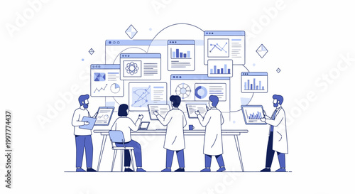Illustration of a team of scientists collaborating and analyzing data on computers and whiteboards in a lab with a blue and white color scheme and a clean background.
