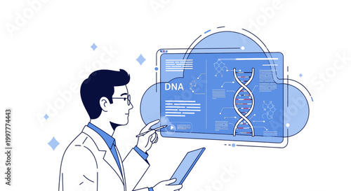 Illustration of a scientist analyzing DNA data on a digital screen with a tablet in hand against a clean white background.