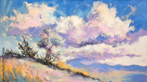 Pastel landscape, hills, dramatic clouds, tranquil scene