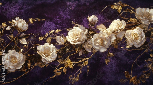 Elegant white roses with gold accents on a purple velvet backdrop