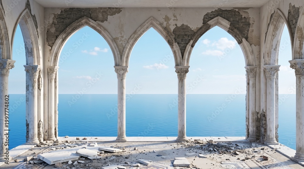 Fototapeta premium A haunting metaphor for transience and endurance. These crumbling arches frame the infinite sea, suggesting that while human structures decay, the horizon remains a constant, eternal promise.