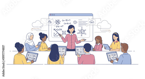 Diverse group of people sitting around a table with laptops and notebooks, listening to a woman presenting on a large screen with diagrams, in a modern meeting room setting with a