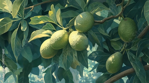 Lush avocado tree branch, vibrant green fruits, sunny garden backdrop