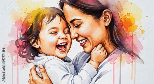 Happy Mother and Toddler Hugging Watercolor Painting