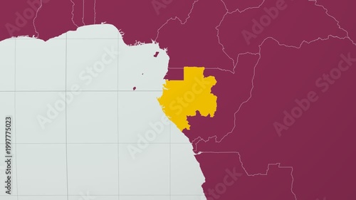 Gabon map. Animated zoom into the country on the Globe in Pale Mint Dark Pink color palette. Country logo animation with round text and airplanes. Map with meridians, parallels. Creative video.