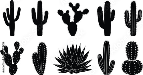 Diverse Desert Cactus and Agave Plant Silhouette Vector Set with Saguaro Prickly Pear and Barrel Species Designs