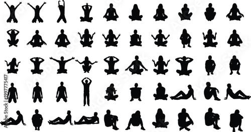 Diverse Human Sitting Meditating and Relaxing Silhouette Vector Set with Yoga Cross Legged and Floor Resting Poses