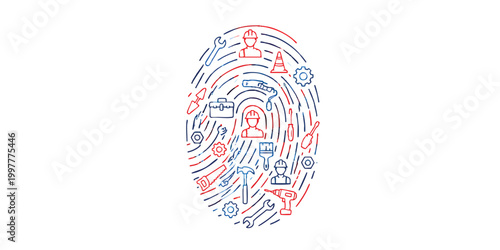Labor Day USA Fingerprint Design with Worker Tools Icons, American Workforce Identity Concept, Red Blue Line Art Vector
