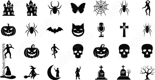 Spooky Halloween Night Vector Icon Set with Haunted Castle Zombie Witch Spider Skull Pumpkin and Graveyard Symbols