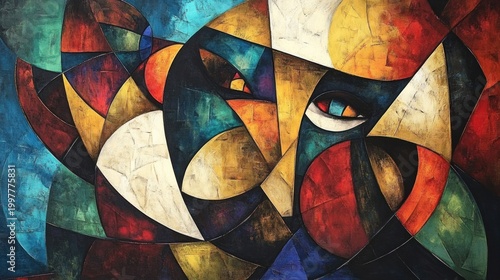 Abstract face, vibrant colors, geometric shapes, colorful background