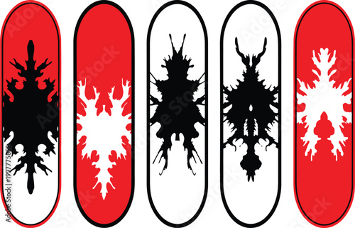 Five skateboards with unique graphic designs in red white and black
