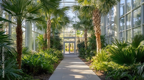 Sunlit Palm Garden Path Through Modern Glasshouse