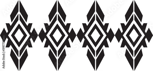 Black and white geometric pattern repeating diamond and triangle motifs