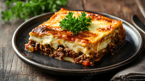 Delicious moussaka piece served on black plate with savory sauce layers captured in motion cinematic food video footage
