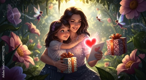 Mother and Daughter Hugging with Gifts in Magical Flower Garden