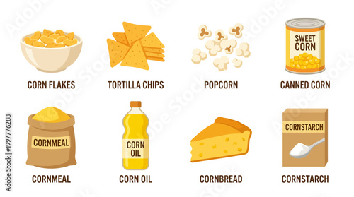Various corn products including flakes tortilla chips popcorn canned corn