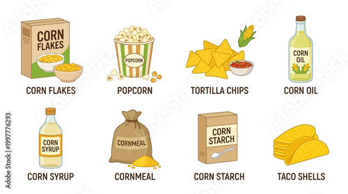 Various corn products including flakes popcorn chips oil syrup meal starch tacos