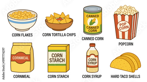 Various corn products for cooking and eating