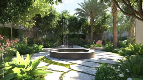 Lush courtyard garden with fountain, sunlit landscaping