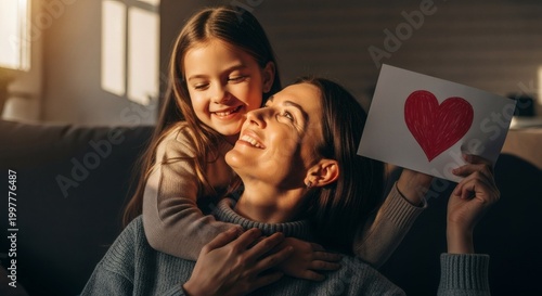Little Girl Hugging Mom with Heart Greeting Card at Home