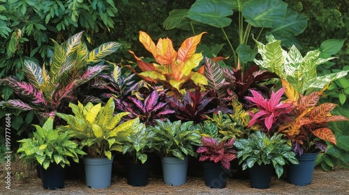 Colorful tropical plants in pots, vibrant foliage display, garden setting, ideal for home decor