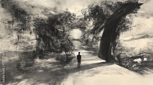 Silhouetted figure walks path in a dark forest