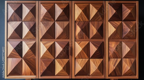 Modern wood cabinet with diamond-shaped panels. Dark background