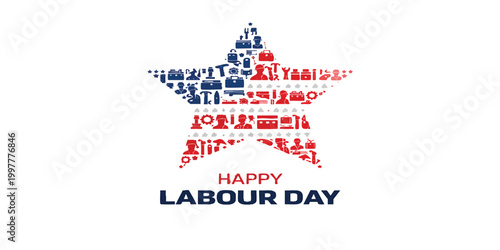 Happy Labour Day USA Star Shape Vector with Worker Icons, American Workforce Illustration, Patriotic Industrial Design