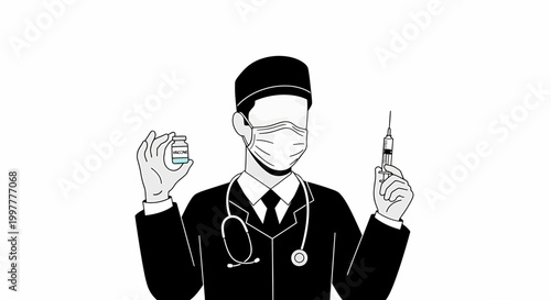 Doctor with Syringe and Vaccine Vial Illustration.