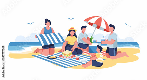Family enjoying a sunny beach picnic by the ocean waves.