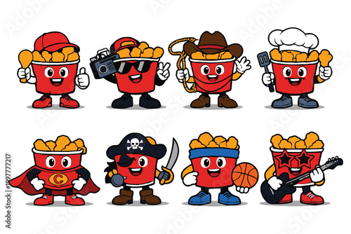 Set of cute fried chicken bucket mascot characters with various costumes and props for fast food branding